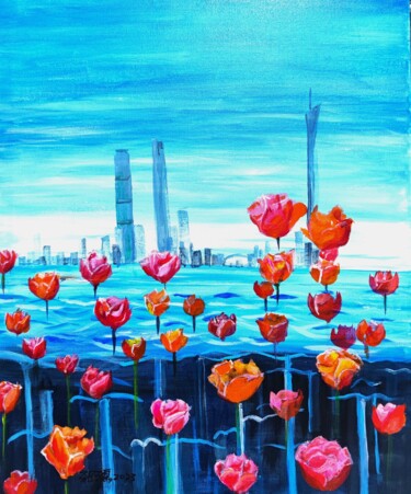 Pintura intitulada "Tulips of the Pearl…" por Leo,Keihung Yip, Obras de arte originais, Acrílico Montado em Armação em madei…