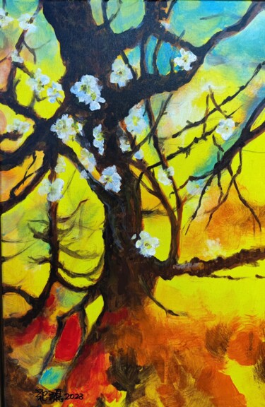 Картина под названием "斑斓的梅花  Colorful plu…" - Leo,Keihung Yip, Подлинное произведение искусства, Акрил Установлен на Деревя…