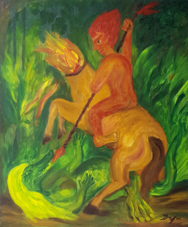 Painting titled "A luta do Curupira…" by Leo Du Lac, Original Artwork, Oil Mounted on Wood Stretcher frame