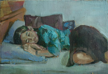 Картина под названием "The sleeping girl" - Hai Nguyen, Подлинное произведение искусства, Масло
