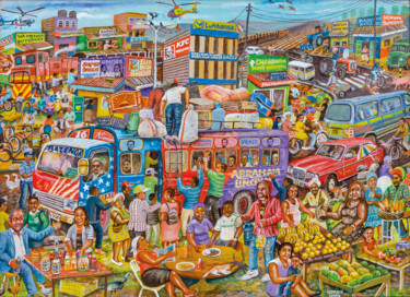 Schilderij getiteld "Market day in Kawan…" door Leonard Ngure, Origineel Kunstwerk, Olie