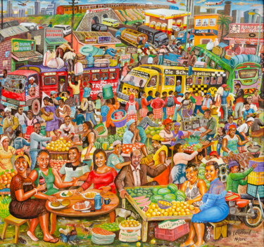 Malerei mit dem Titel "Street hustlers" von Leonard Ngure, Original-Kunstwerk, Öl