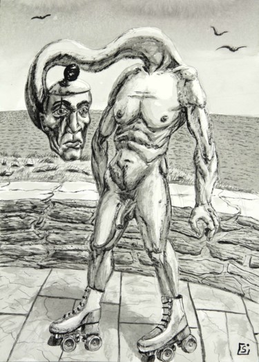 Drawing titled "Promenade à la mer" by Leosk, Original Artwork, Ink