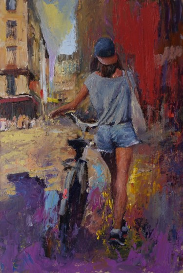 Peinture intitulée "Cycliste à pied" par Manuel Leonardi, Œuvre d'art originale, Huile