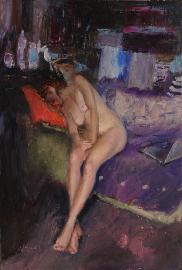 Peinture intitulée "Endormie à l'atelier" par Manuel Leonardi, Œuvre d'art originale, Huile