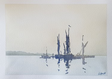 Painting titled "Molo nella nebbia" by Leonardo Arieti, Original Artwork, Watercolor