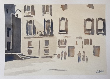 Painting titled "Piazza a in Agosto,…" by Leonardo Arieti, Original Artwork, Watercolor