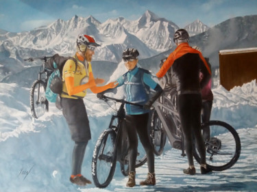 Schilderij getiteld "Fat bike in Chamois" door Leonardo Venezia, Origineel Kunstwerk, Olie