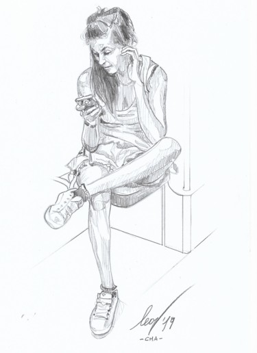 Рисунок под названием "Waiting" - Leonardo Venezia, Подлинное произведение искусства, Карандаш