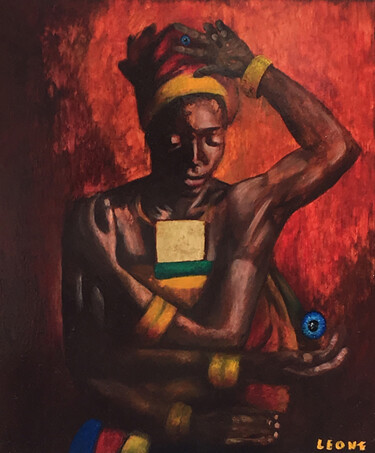 Painting titled "Divinità africana" by Carmelo Leone, Original Artwork, Oil