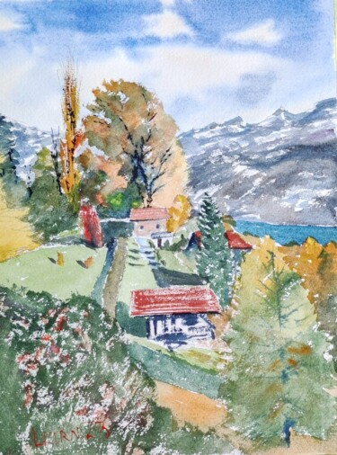 Schilderij getiteld "Switzerland village" door Leonid Kirnus, Origineel Kunstwerk, Aquarel