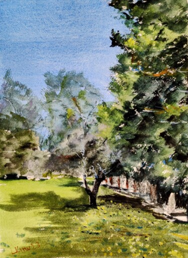 Painting titled "green yard" by Leonid Kirnus, Original Artwork, Watercolor