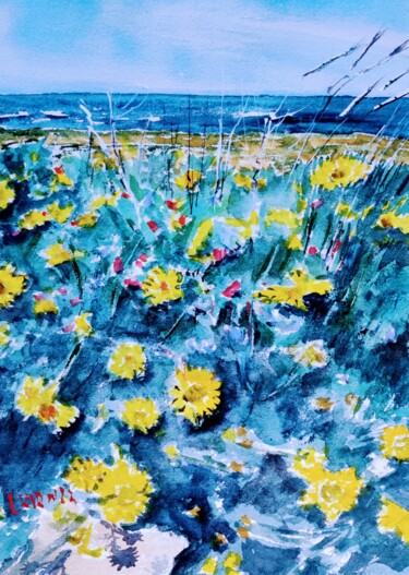 Painting titled "Сamomile field" by Leonid Kirnus, Original Artwork, Watercolor