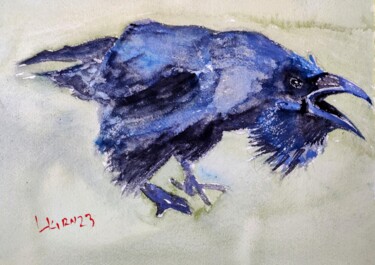 Painting titled "The Raven" by Leonid Kirnus, Original Artwork, Watercolor