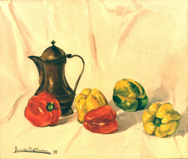 Schilderij getiteld "PEPERONI E CARAFFA…" door Leonida Beltrame, Origineel Kunstwerk, Olie