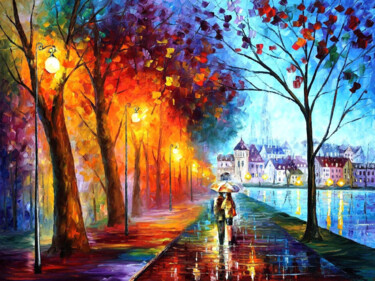 City By The Lake — PALETTE KNIFE Oil Painting On Canvas By Leonid Afremov Peinture intitulée "City By The Lake —…" par Leonid Afremov, Œuvre d'art originale, Huile