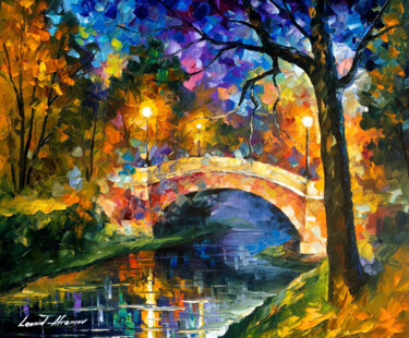 Bridge Forest Landscape Artwork On Canvas Painting titled "Bridge Forest Lands…" by Leonid Afremov, Original Art, Oil