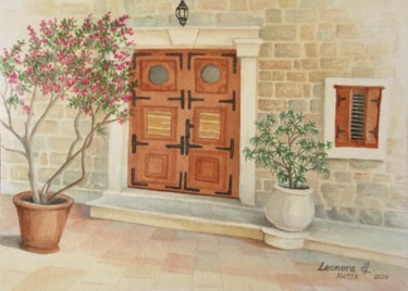 Ζωγραφική με τίτλο "Door to the Hotel i…" από Leonora De Lange, Αυθεντικά έργα τέχνης, Ακουαρέλα