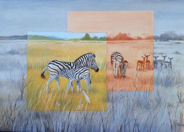 Peinture intitulée "Zebras and Impala" par Leonora De Lange, Œuvre d'art originale, Huile Monté sur Châssis en bois