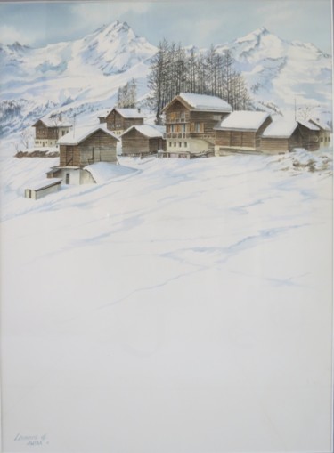 Pintura intitulada "Sunny Swiss Alps" por Leonora De Lange, Obras de arte originais, Aquarela
