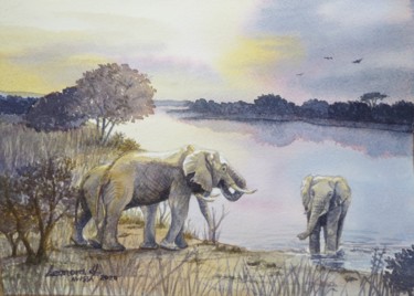 Painting titled "Elephants at Sunset" by Leonora De Lange, Original Artwork, Watercolor