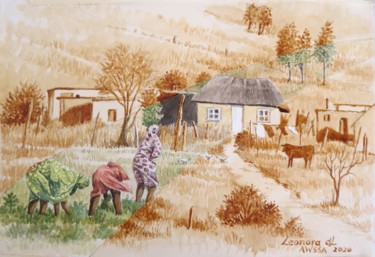 Painting titled "African Village Life" by Leonora De Lange, Original Artwork, Watercolor