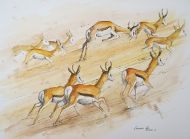 Painting titled "Springbuck Run" by Leonora De Lange, Original Artwork, Watercolor