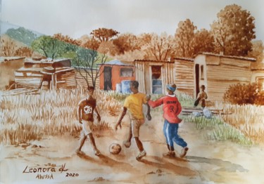 Pintura titulada "Playing Soccer" por Leonora De Lange, Obra de arte original, Acuarela