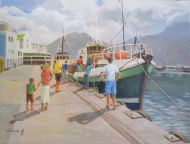 Pintura titulada "Hout Bay Harbour" por Leonora De Lange, Obra de arte original, Oleo Montado en Cartulina