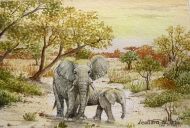 Malerei mit dem Titel "Elephant and calf a…" von Leonora De Lange, Original-Kunstwerk, Aquarell