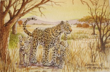 Painting titled "Leopard and cubs at…" by Leonora De Lange, Original Artwork, Watercolor