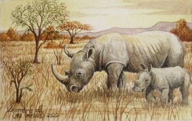 Pintura titulada "Rhino Mom and Calf…" por Leonora De Lange, Obra de arte original, Acuarela