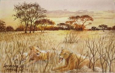 Pittura intitolato "Resting lionesses a…" da Leonora De Lange, Opera d'arte originale, Acquarello