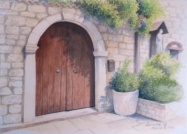 Painting titled "Door to the Monaste…" by Leonora De Lange, Original Artwork, Watercolor Mounted on Cardboard