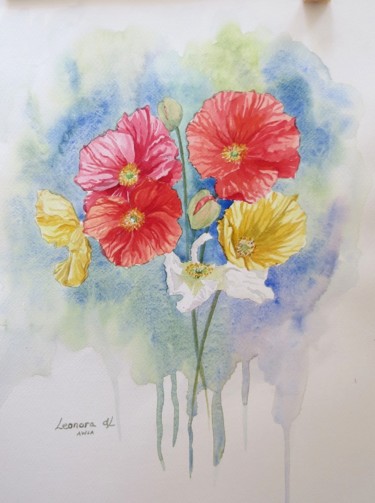 Painting titled "Bunch of Poppies" by Leonora De Lange, Original Artwork, Watercolor