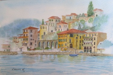 Schilderij getiteld "Coastal town - Italy" door Leonora De Lange, Origineel Kunstwerk, Aquarel