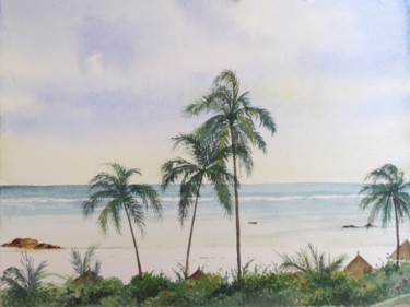 Painting titled "Beach with Palms" by Leonora De Lange, Original Artwork, Watercolor