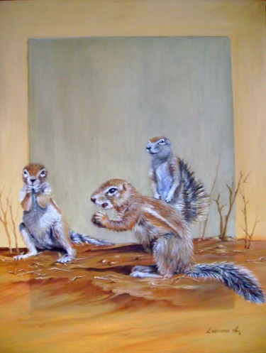 Painting titled "Ground Squirrels" by Leonora De Lange, Original Artwork, Oil Mounted on Wood Stretcher frame