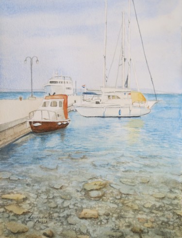 Painting titled "Harbour at Zlarin,…" by Leonora De Lange, Original Artwork, Watercolor