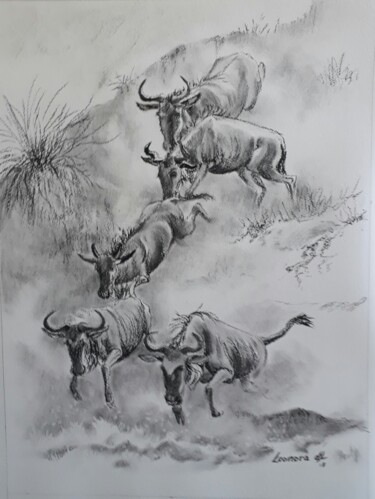 Wildebeest migration Dessin intitulée "Wildebeest migration" par Leonora De Lange, Œuvre d'art originale, Fusain