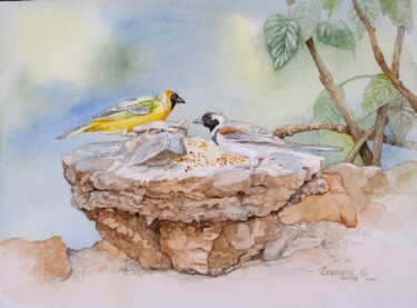 Painting titled "Finches' Feast" by Leonora De Lange, Original Artwork, Watercolor