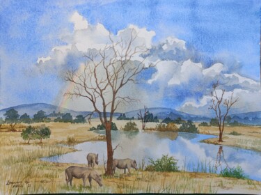 Painting titled "Warthogs at the Dam" by Leonora De Lange, Original Artwork, Watercolor