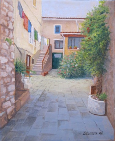 Painting titled "A home in Korcula" by Leonora De Lange, Original Artwork, Acrylic Mounted on Wood Stretcher frame