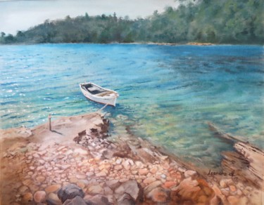 Painting titled "Little boat waiting" by Leonora De Lange, Original Artwork, Oil Mounted on Wood Panel