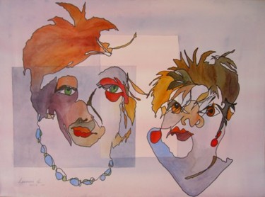 Painting titled "Friends" by Leonora De Lange, Original Artwork, Watercolor Mounted on Other rigid panel