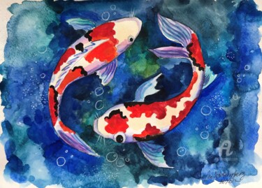 Painting titled "Carps" by Leo Schteinberg, Original Artwork, Watercolor