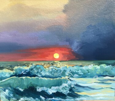 Painting titled "Stormy Sunset at Sea" by Leo Schteinberg, Original Artwork, Acrylic