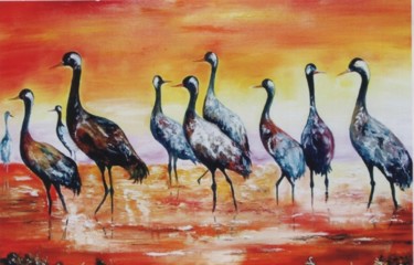 Painting titled "grues au couchant" by Zézé, Original Artwork