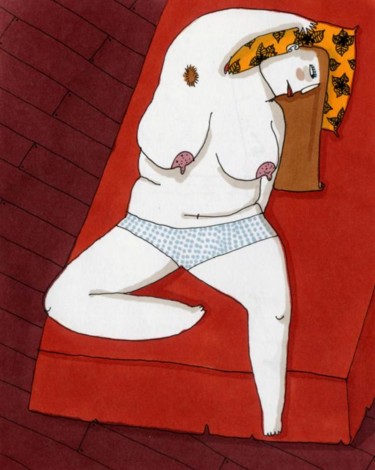 Drawing titled "grosse sur lit rouge" by Céline Decorte, Original Artwork