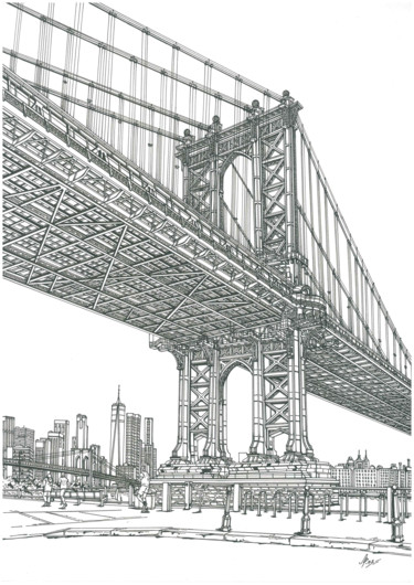 Zeichnungen mit dem Titel "Manhattan Bridge" von Lera Ryazanceva, Original-Kunstwerk, Tinte